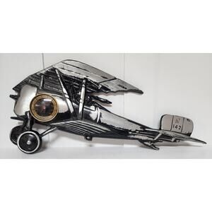 Vintage Black Silver Metal Biplane Wall Thermometer Japan 1157 CopperBezel Decor